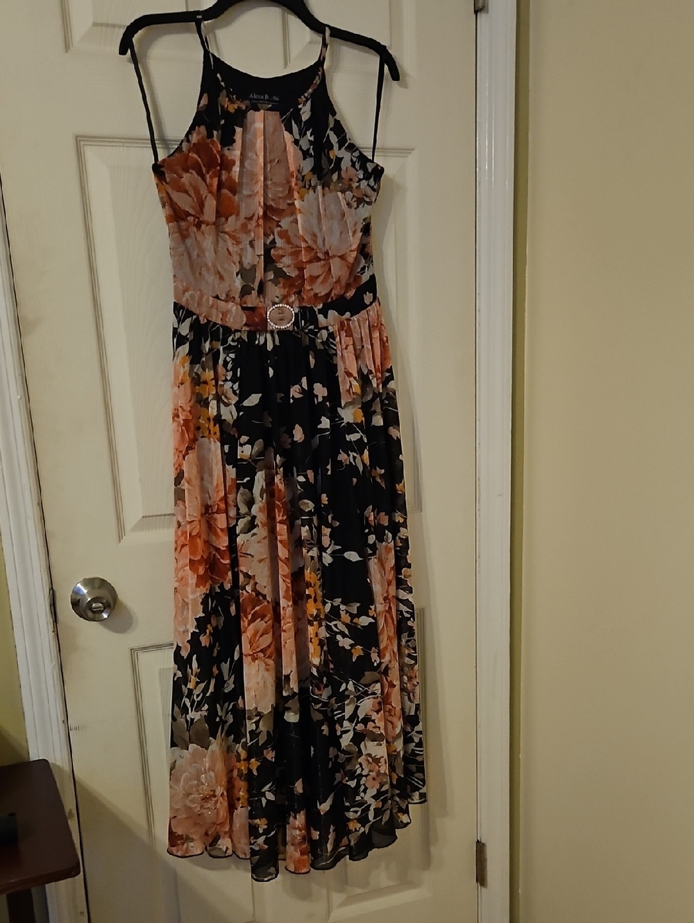 Black Floral Maxi Dress with Peach Blooms and Belt